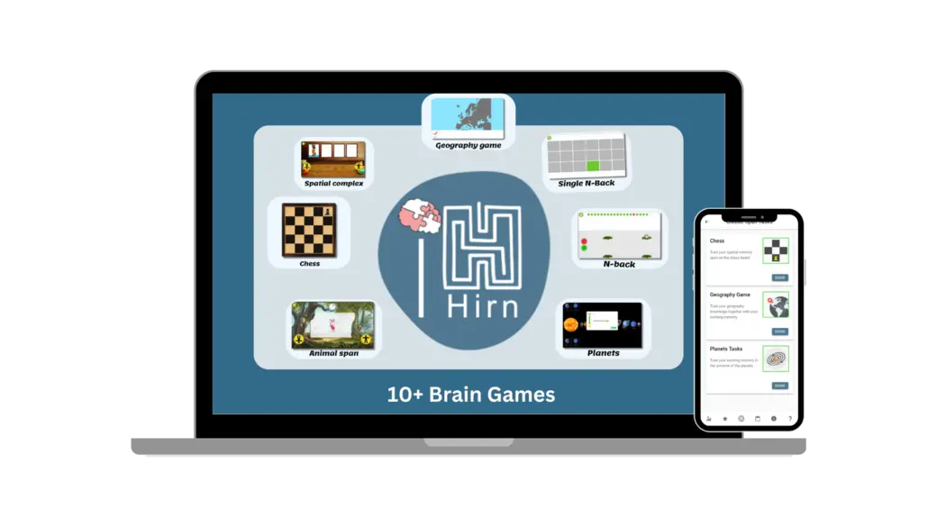 The image features a laptop and smartphone displaying the logo "Hirn" and highlights various brain games, including chess, geography games, and more, indicating that it offers over ten engaging games for mental stimulation.