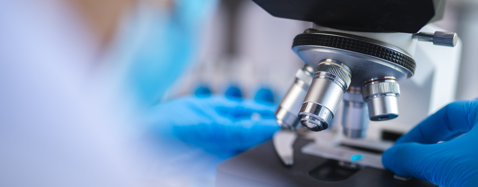 A close-up view of a microscope being handled by a person wearing blue gloves. The microscope has multiple objective lenses visible, indicating its use for examination of small samples in a laboratory setting.