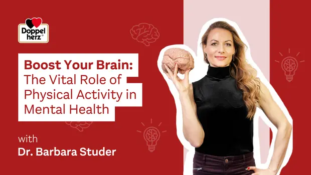 A woman holds a model of a brain, promoting the importance of physical activity for mental health. The text highlights a presentation titled "Boost Your Brain: The Vital Role of Physical Activity in Mental Health" with Dr. Barbara Studer. The background features brain illustrations and lightbulb icons.