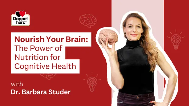A woman holds a model of a brain while promoting the importance of nutrition for cognitive health. The text highlights the theme "Nourish Your Brain: The Power of Nutrition for Cognitive Health" with a reference to Dr. Barbara Studer and the brand Doppelherz.