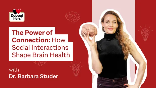 A woman holds a model of a brain, promoting a talk titled "The Power of Connection: How Social Interactions Shape Brain Health" with Dr. Barbara Studer. The background features light bulb icons, symbolizing ideas and insights. The overall theme emphasizes the importance of social connections for brain health.